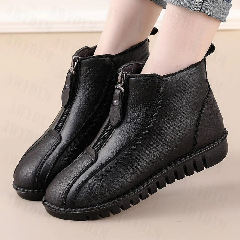 Winter Women's Ankle Boots – Warm Flat Non-Slip Mother’s Boots with Zipper - Comfortable Plush Lining