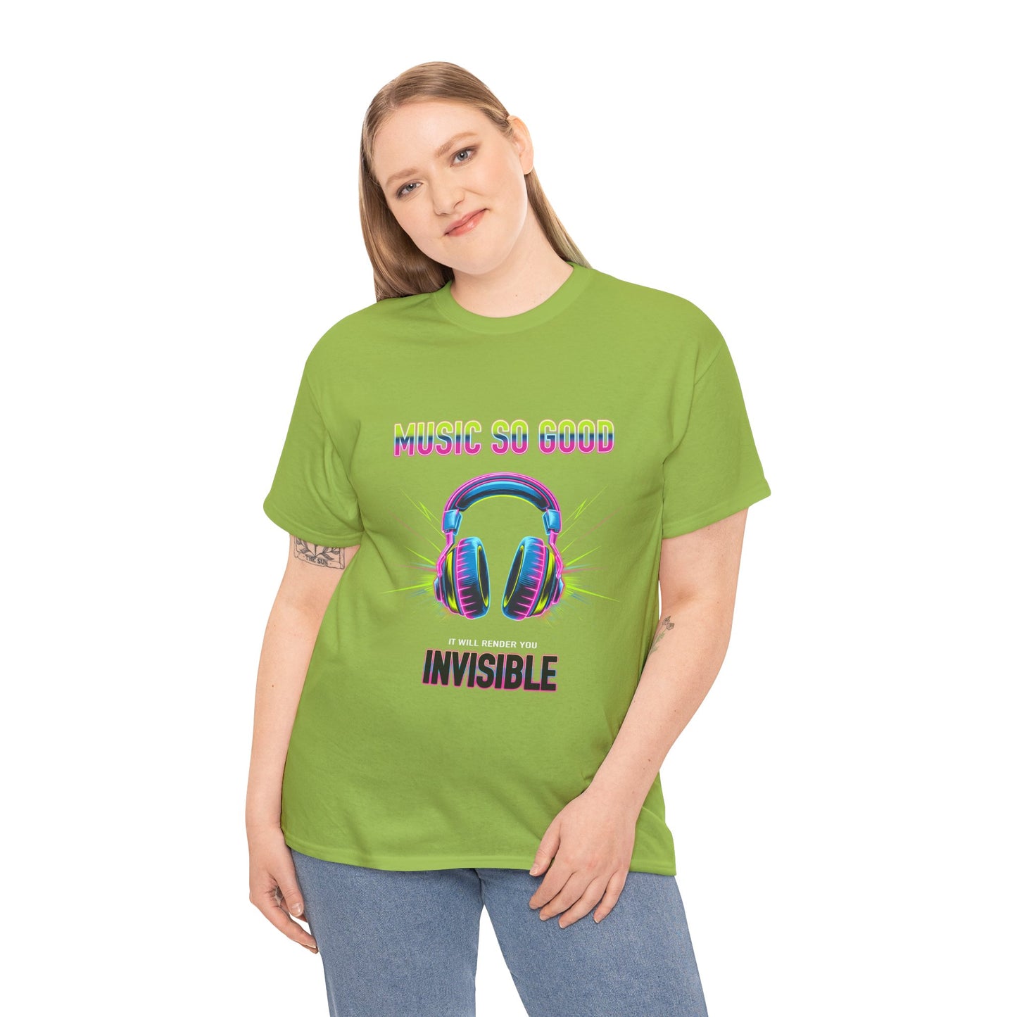 Unisex Heavy Cotton Tee – "Music So Good, It Will Render You Invisible" Graphic T-Shirt