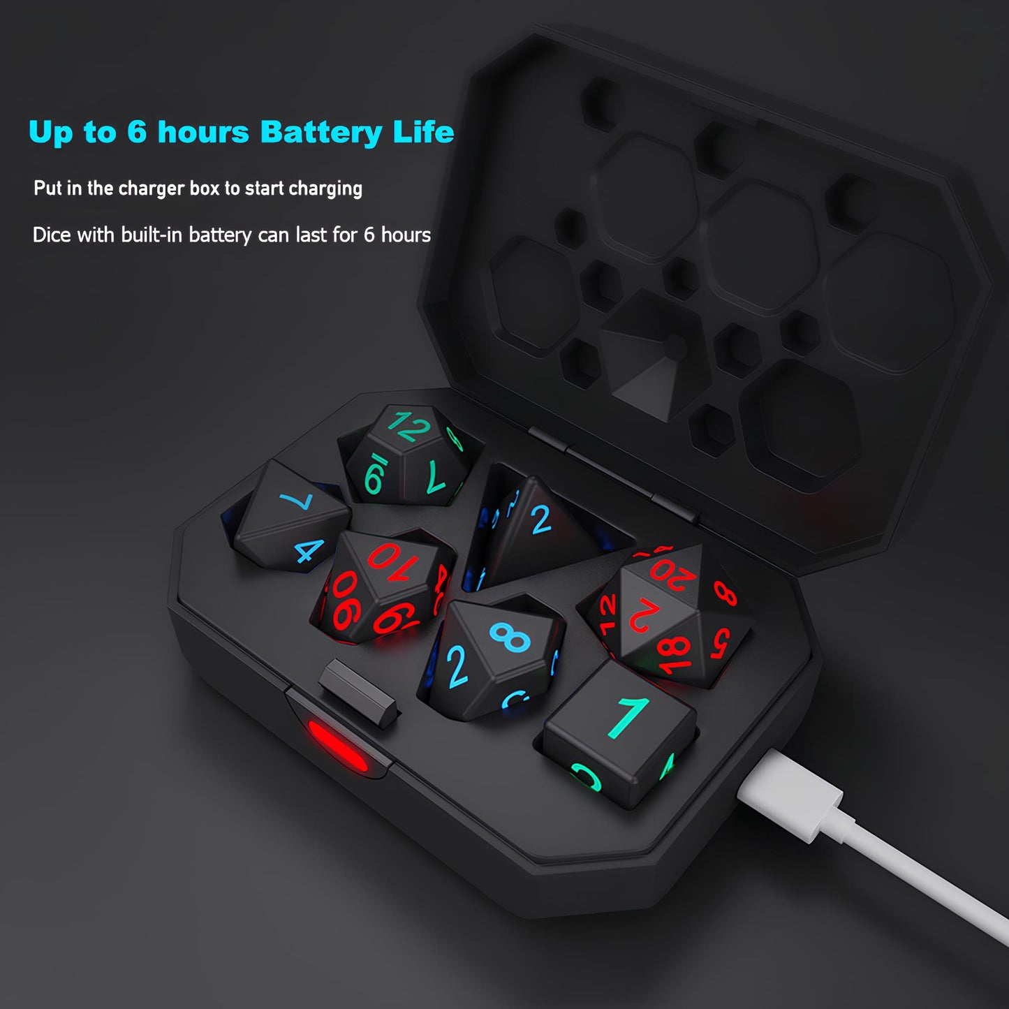 Set of Luminous and Rechargeable DND Dice and Charger Case