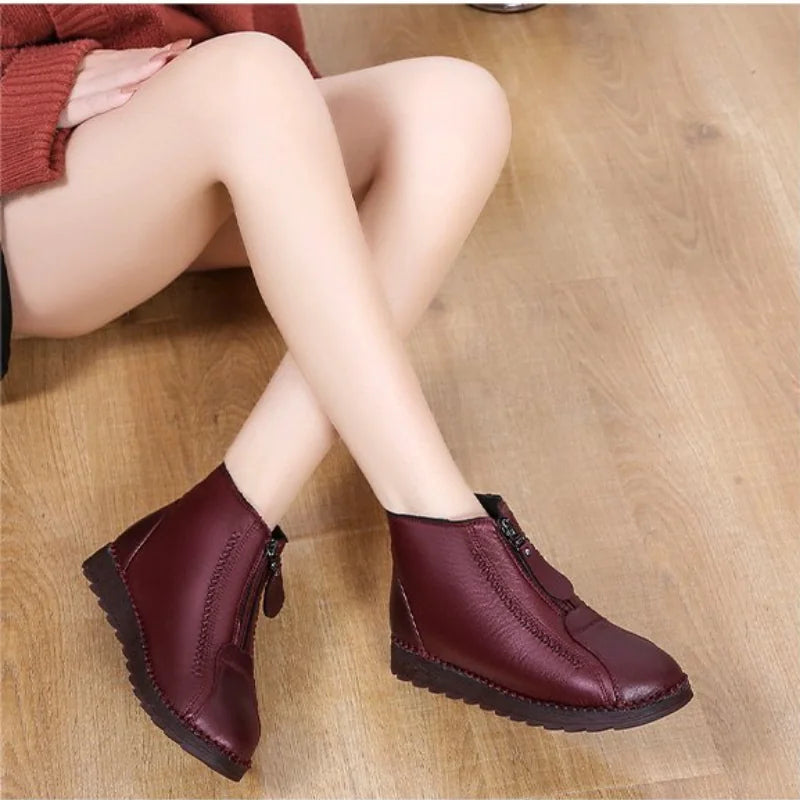 Winter Women's Ankle Boots – Warm Flat Non-Slip Mother’s Boots with Zipper - Comfortable Plush Lining
