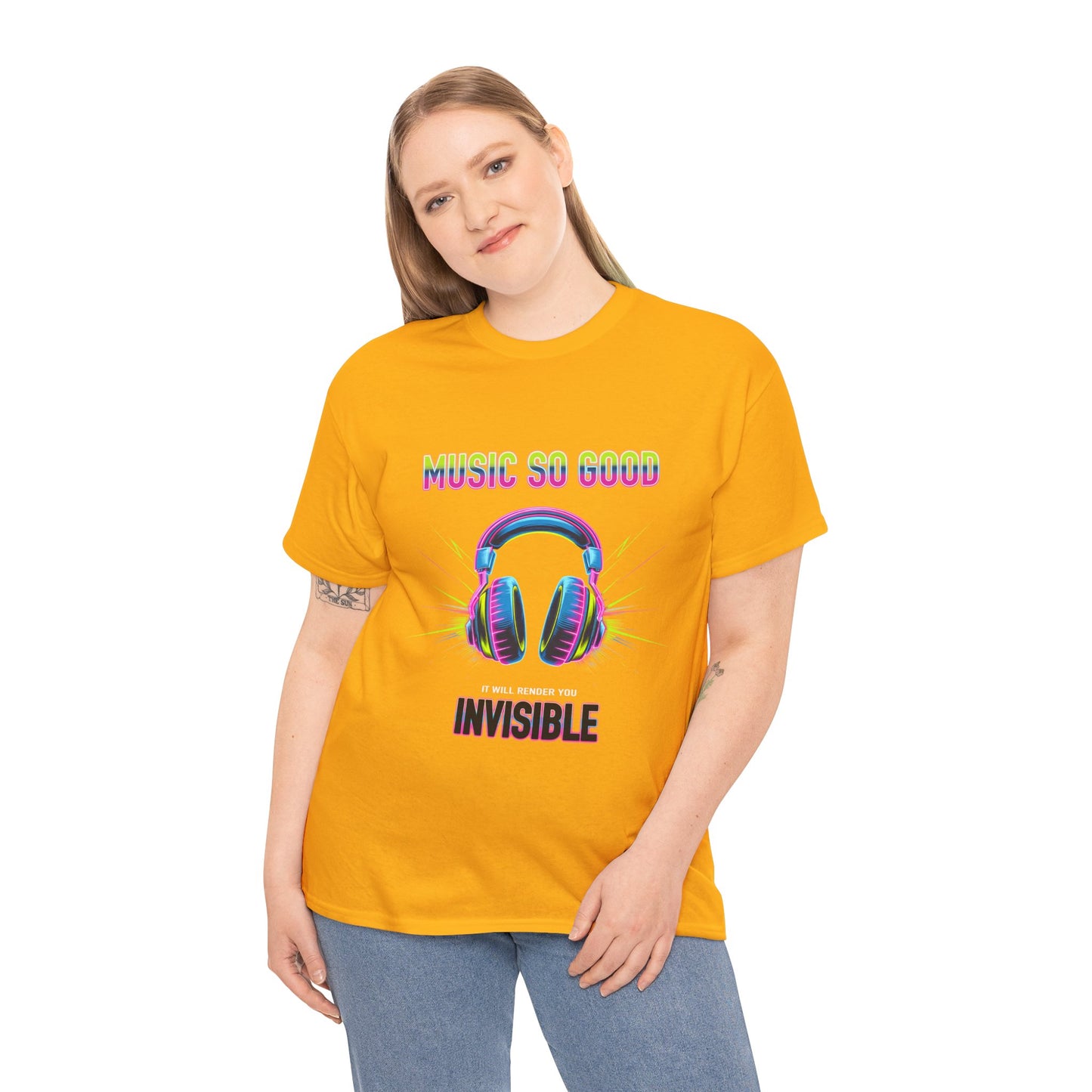 Unisex Heavy Cotton Tee – "Music So Good, It Will Render You Invisible" Graphic T-Shirt