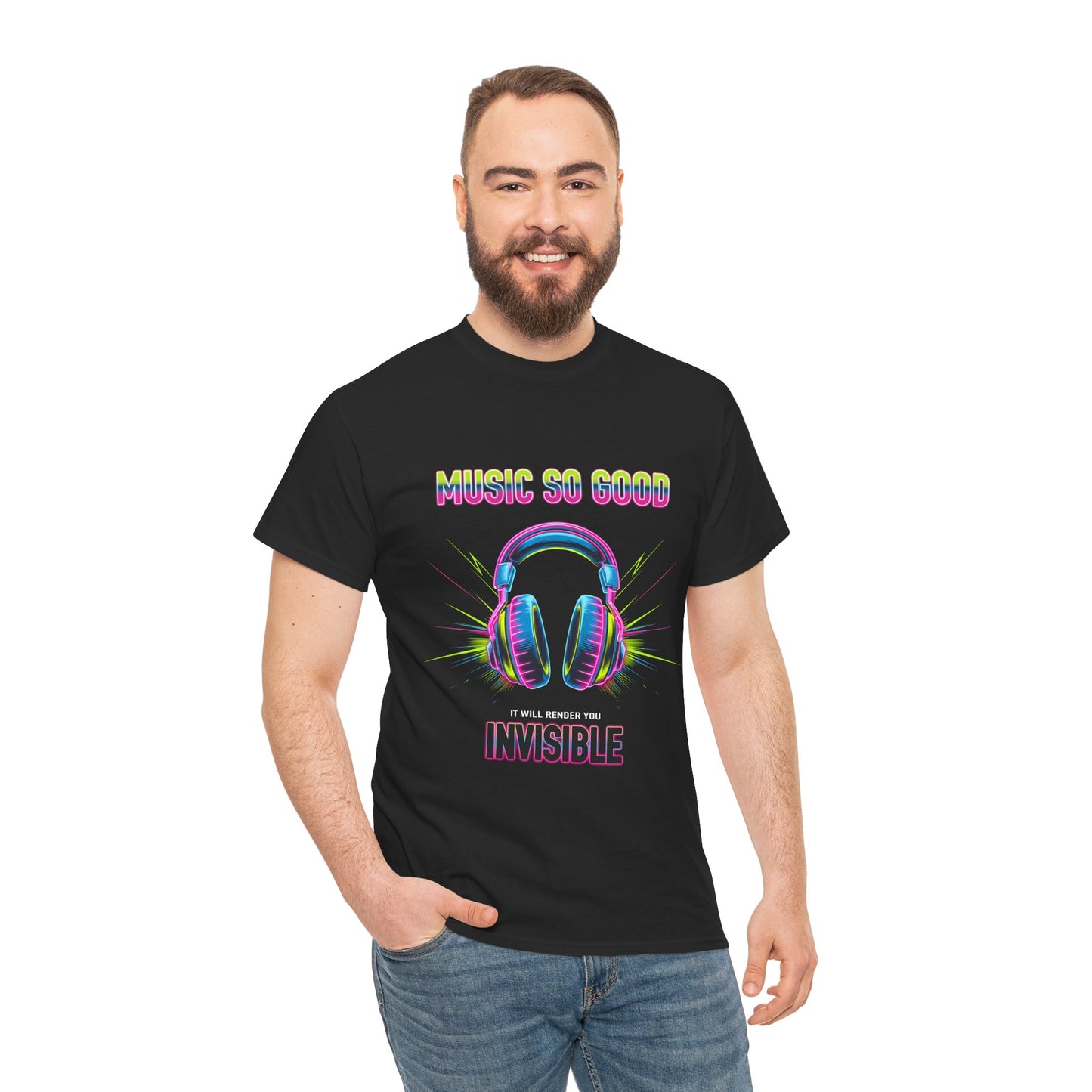 Unisex Heavy Cotton Tee – "Music So Good, It Will Render You Invisible" Graphic T-Shirt