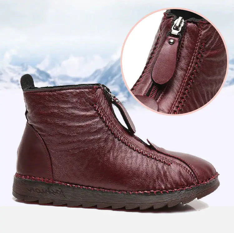 Winter Women's Ankle Boots – Warm Flat Non-Slip Mother’s Boots with Zipper - Comfortable Plush Lining