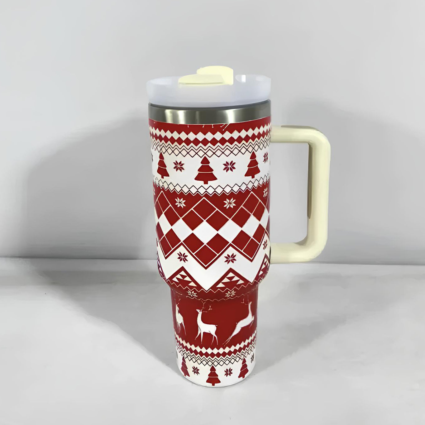 Christmas Stainless Steel Travel Mug with Handle, Lid, and Straw