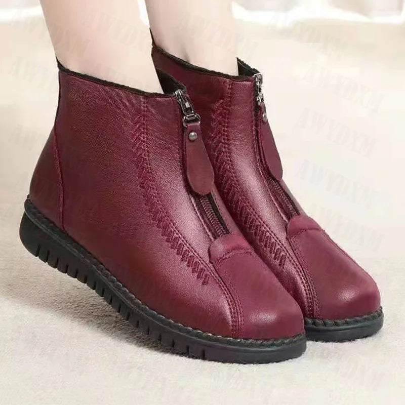 Winter Women's Ankle Boots – Warm Flat Non-Slip Mother’s Boots with Zipper - Comfortable Plush Lining