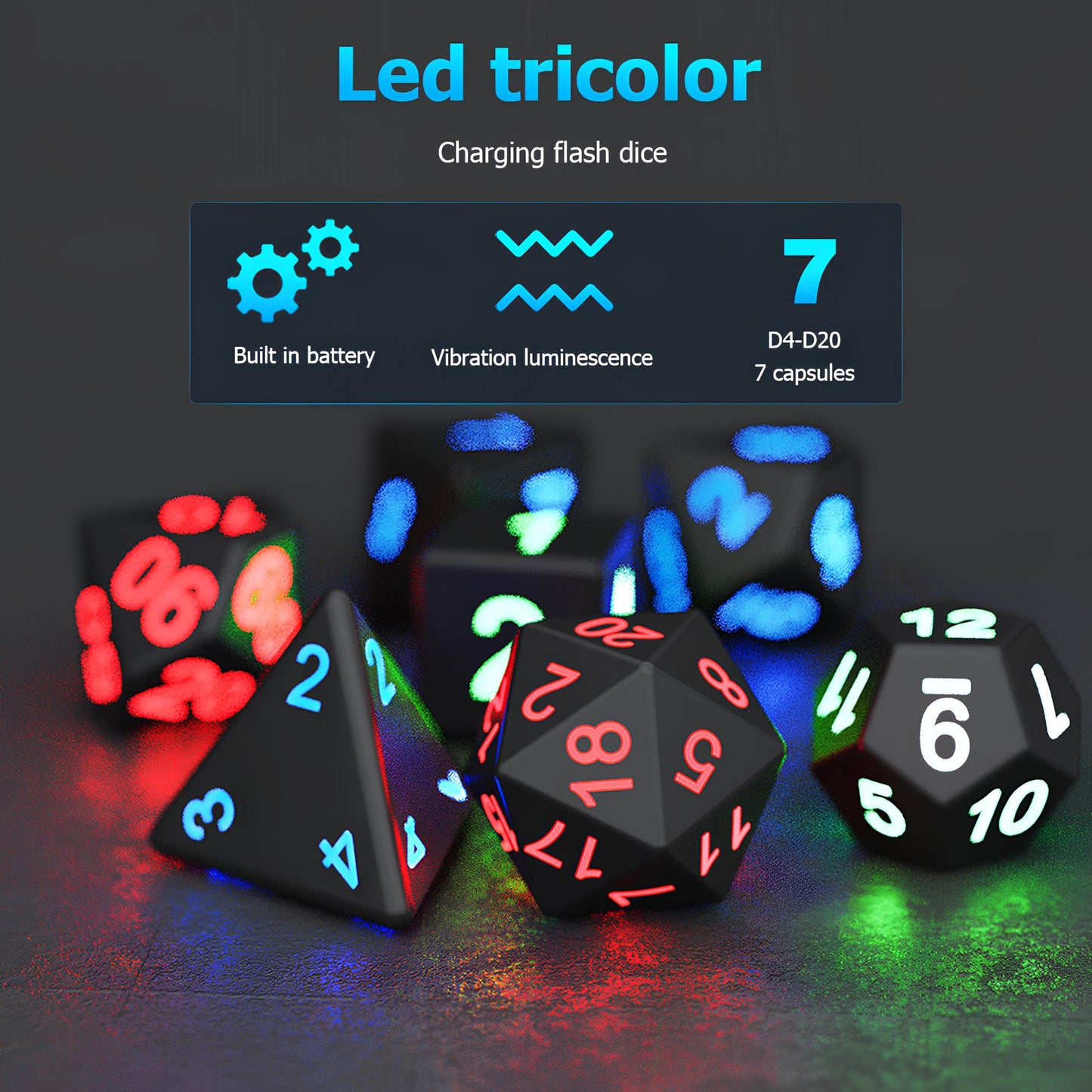 Set of Luminous and Rechargeable DND Dice and Charger Case