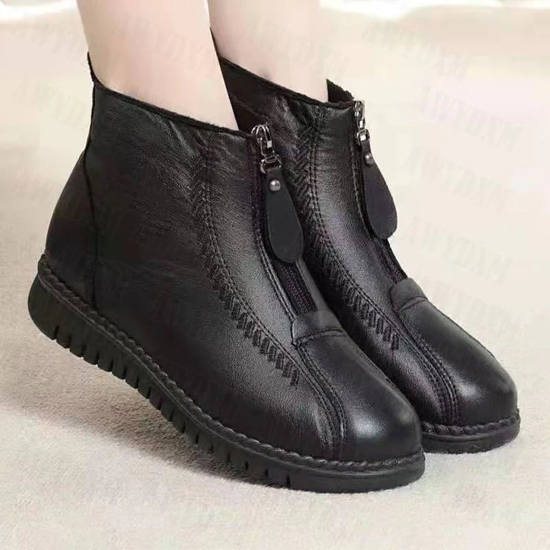 Winter Women's Ankle Boots – Warm Flat Non-Slip Mother’s Boots with Zipper - Comfortable Plush Lining