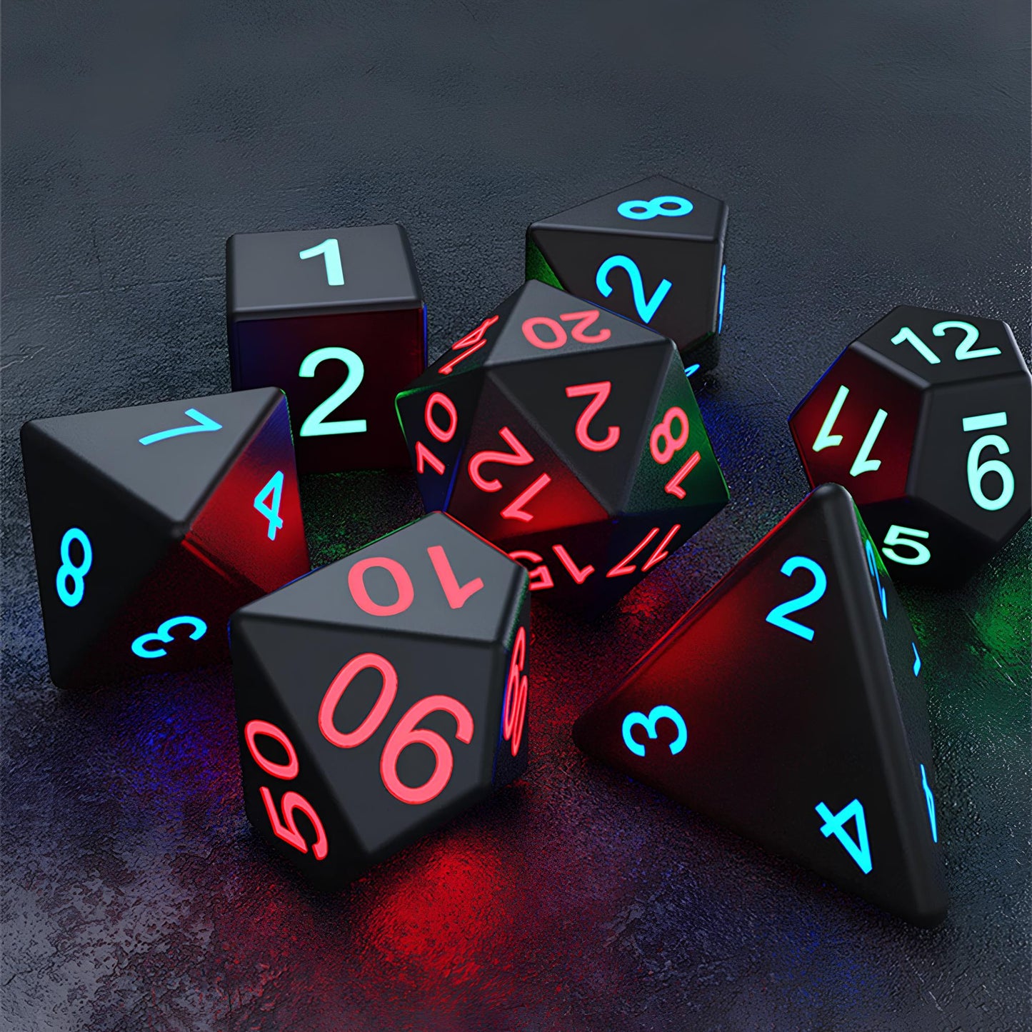 Set of Luminous and Rechargeable DND Dice and Charger Case