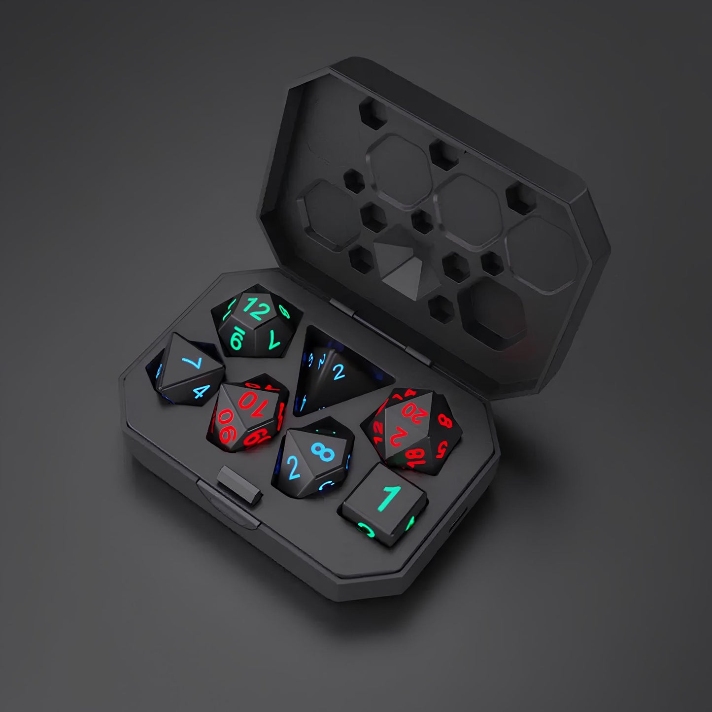 Set of Luminous and Rechargeable DND Dice and Charger Case