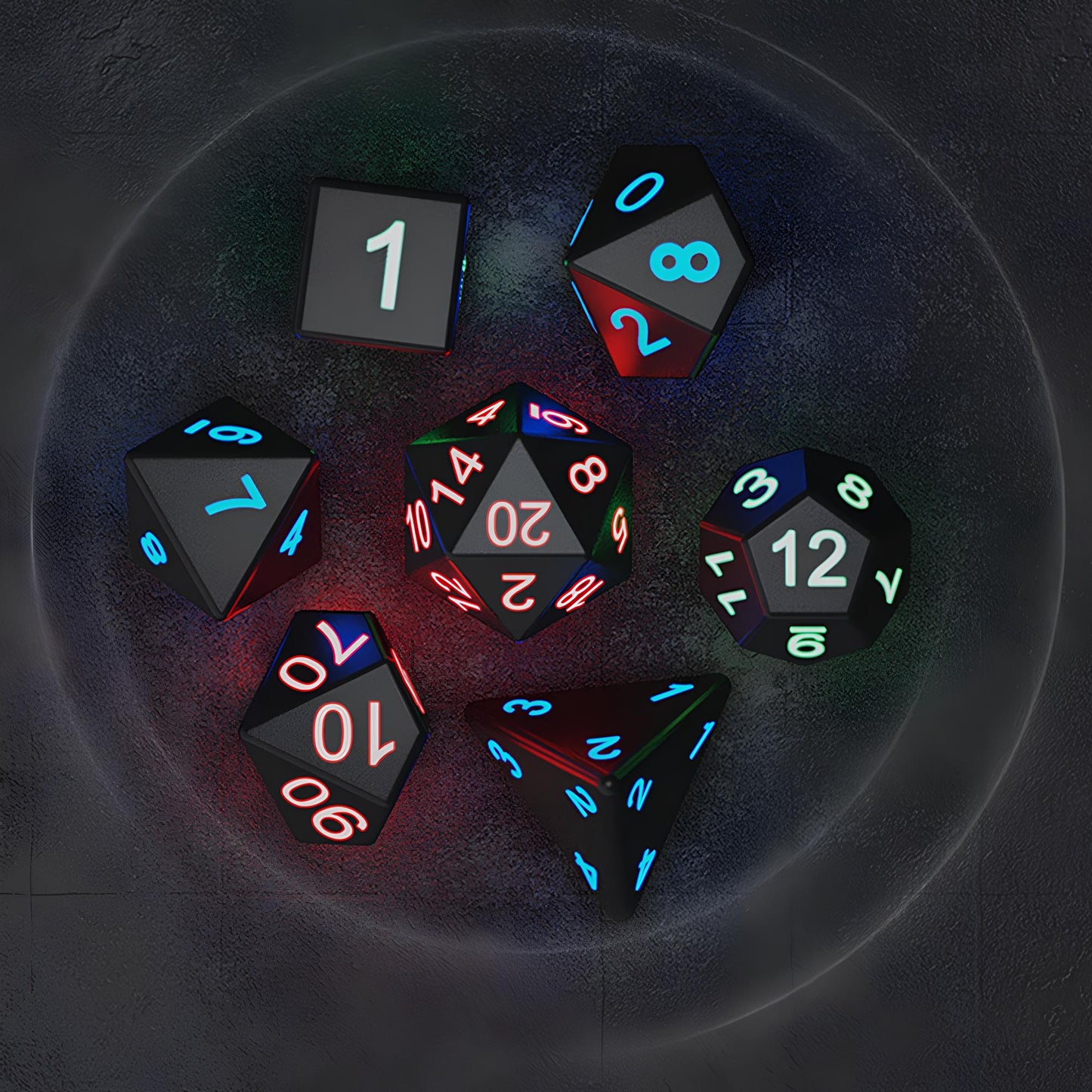Set of Luminous and Rechargeable DND Dice and Charger Case