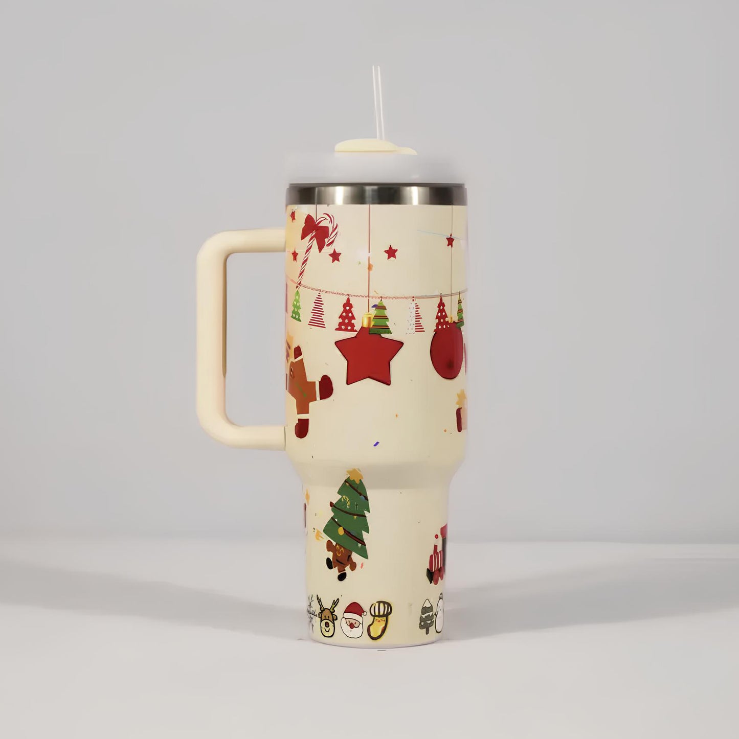 Christmas Stainless Steel Travel Mug with Handle, Lid, and Straw