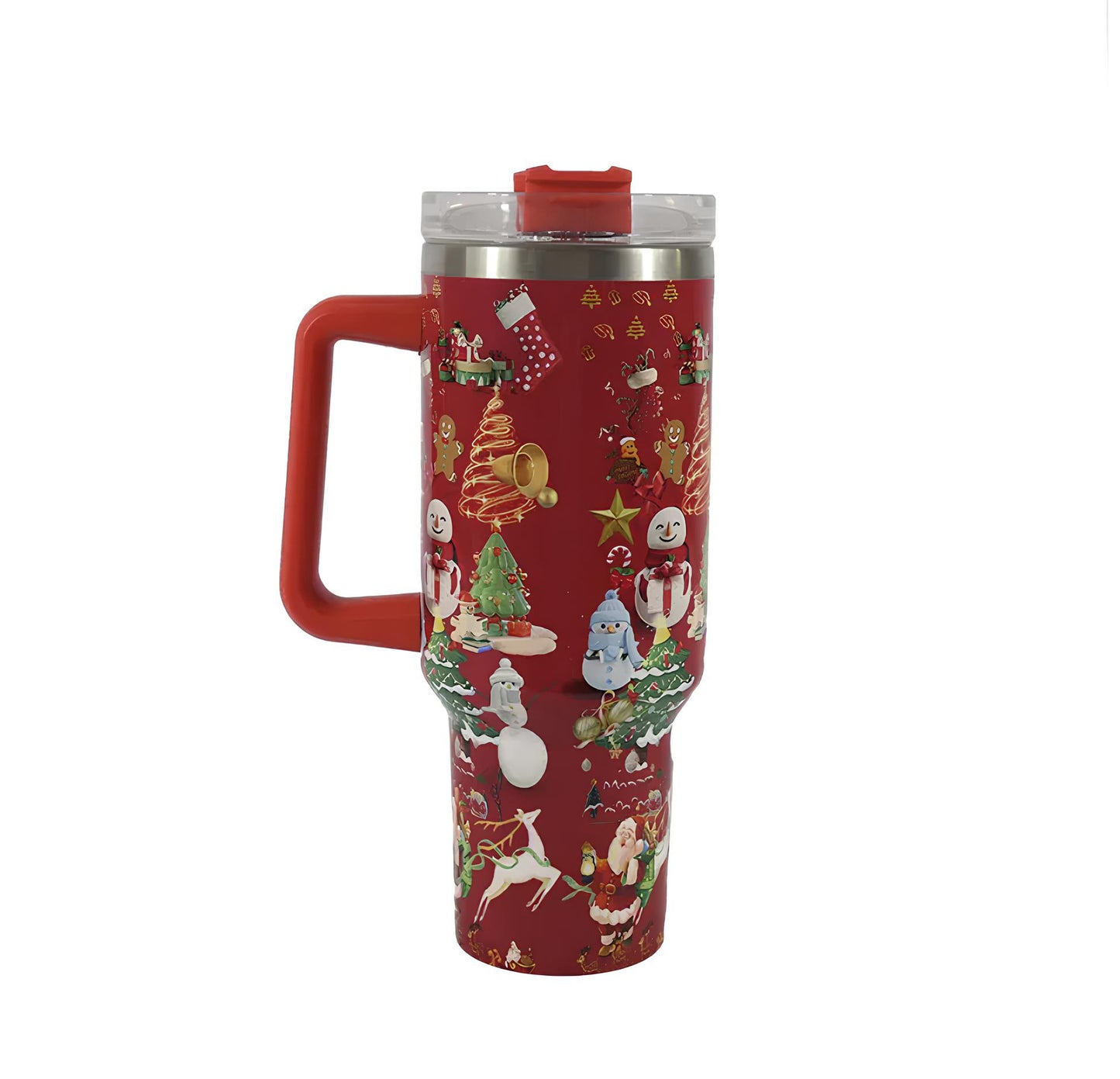 Christmas Stainless Steel Travel Mug with Handle, Lid, and Straw