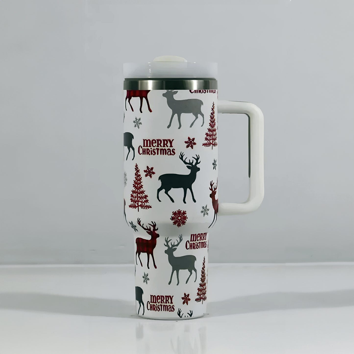 Christmas Stainless Steel Travel Mug with Handle, Lid, and Straw