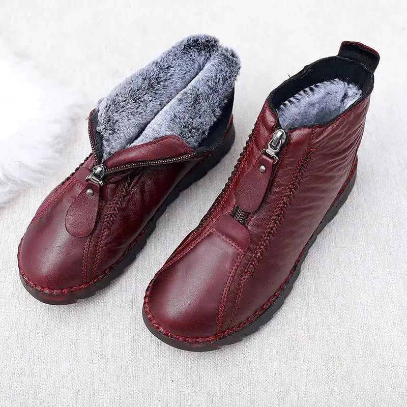 Winter Women's Ankle Boots – Warm Flat Non-Slip Mother’s Boots with Zipper - Comfortable Plush Lining