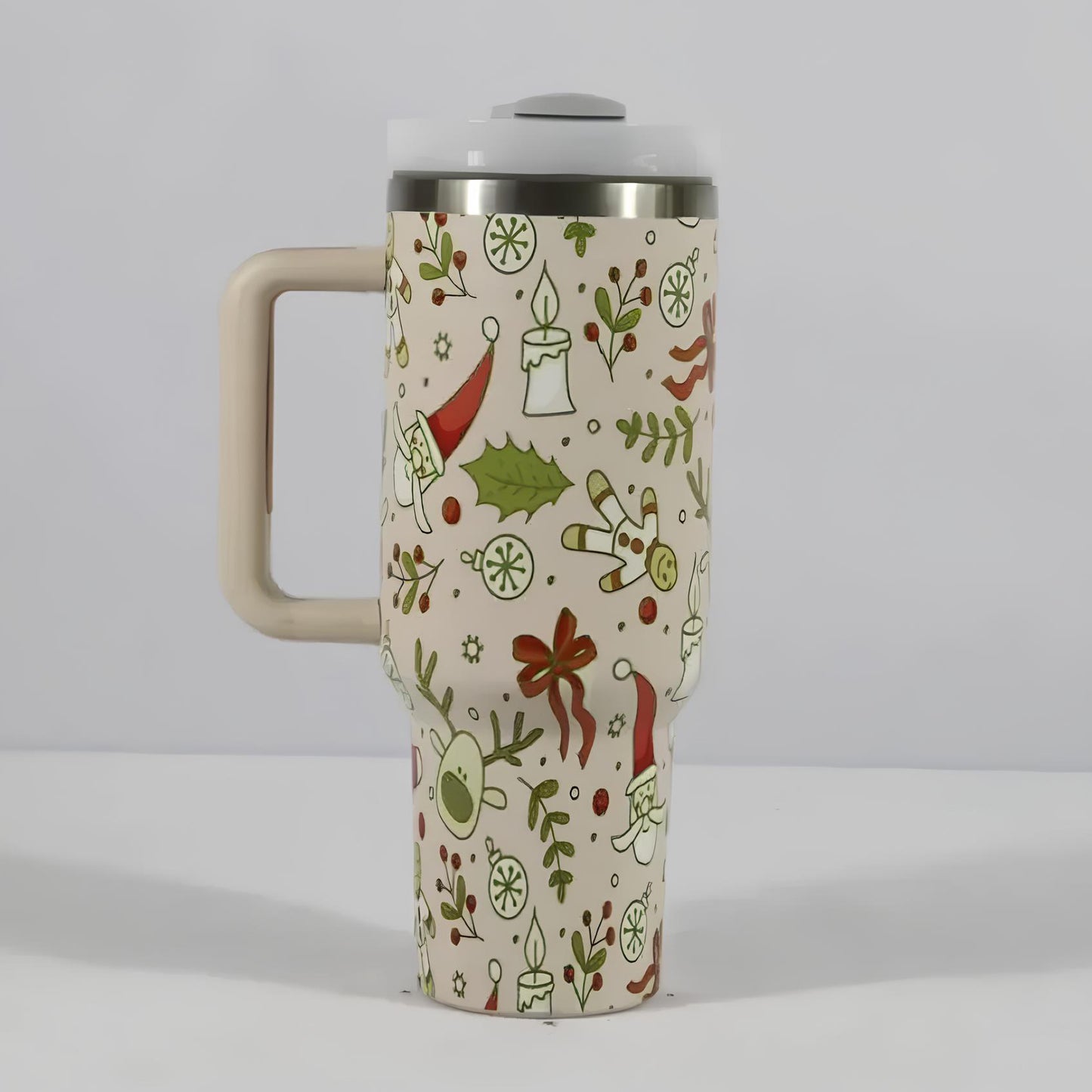 Christmas Stainless Steel Travel Mug with Handle, Lid, and Straw