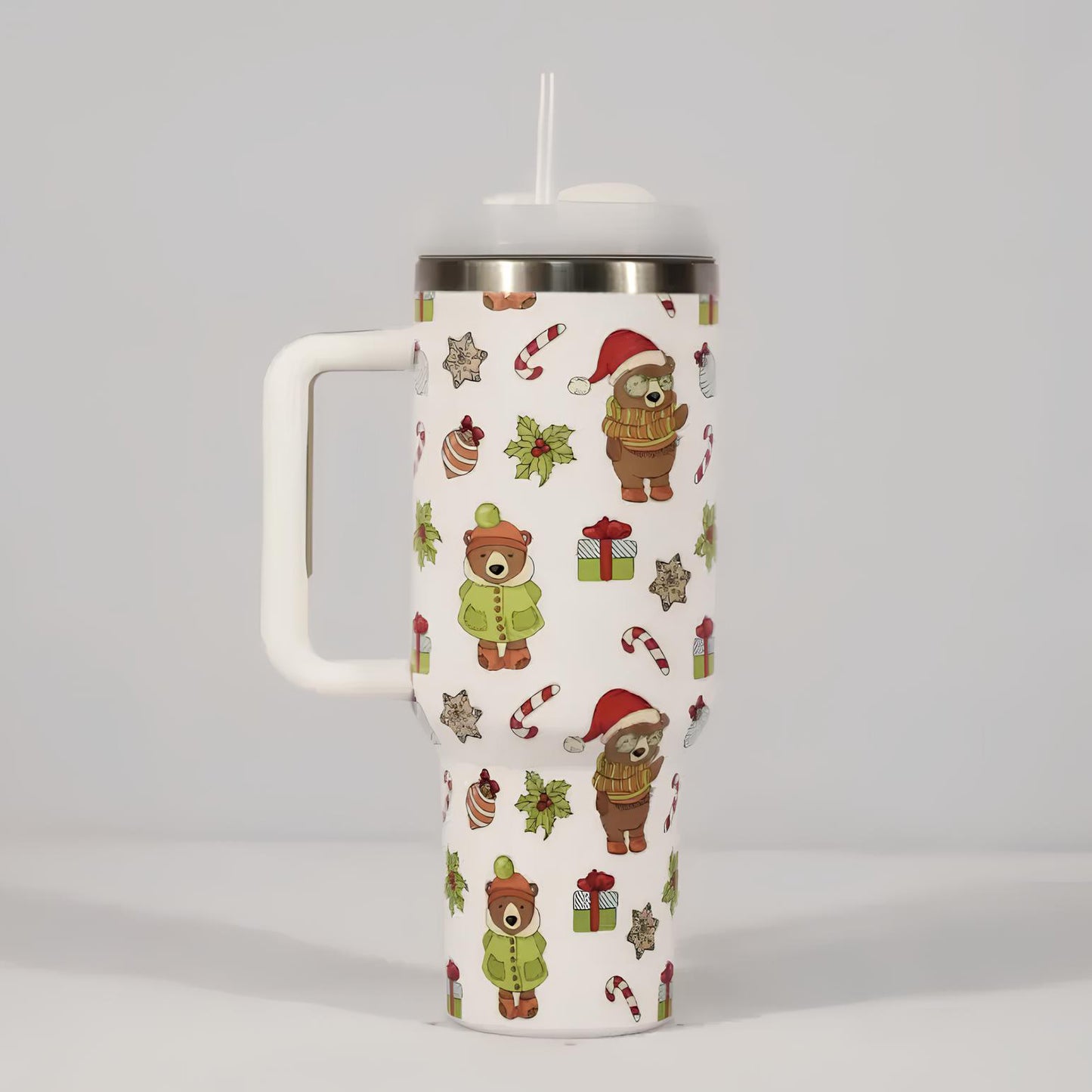 Christmas Stainless Steel Travel Mug with Handle, Lid, and Straw