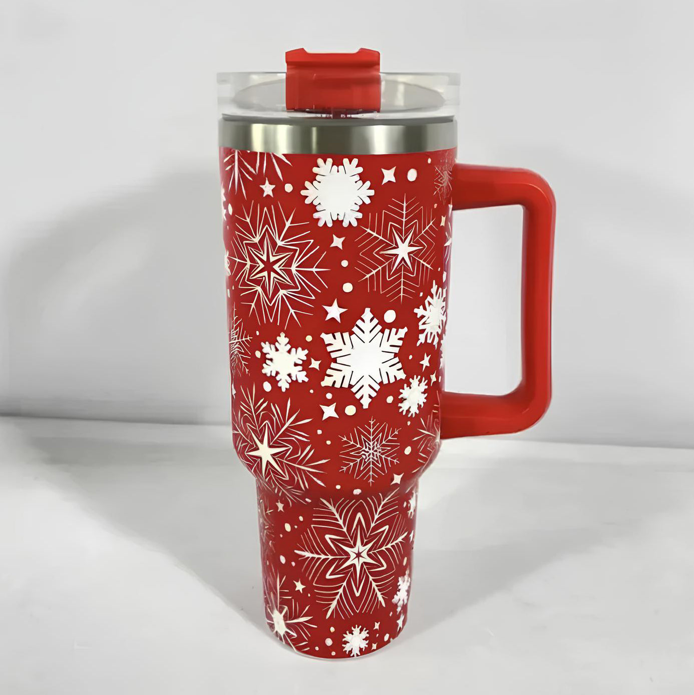 Christmas Stainless Steel Travel Mug with Handle, Lid, and Straw