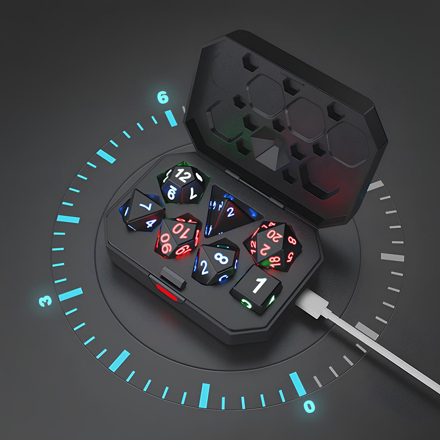 Set of Luminous and Rechargeable DND Dice and Charger Case