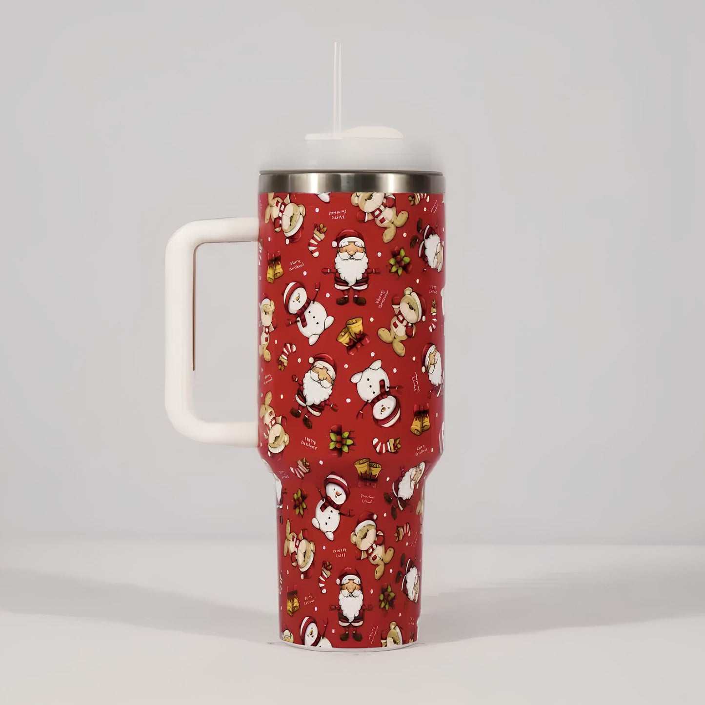 Christmas Stainless Steel Travel Mug with Handle, Lid, and Straw