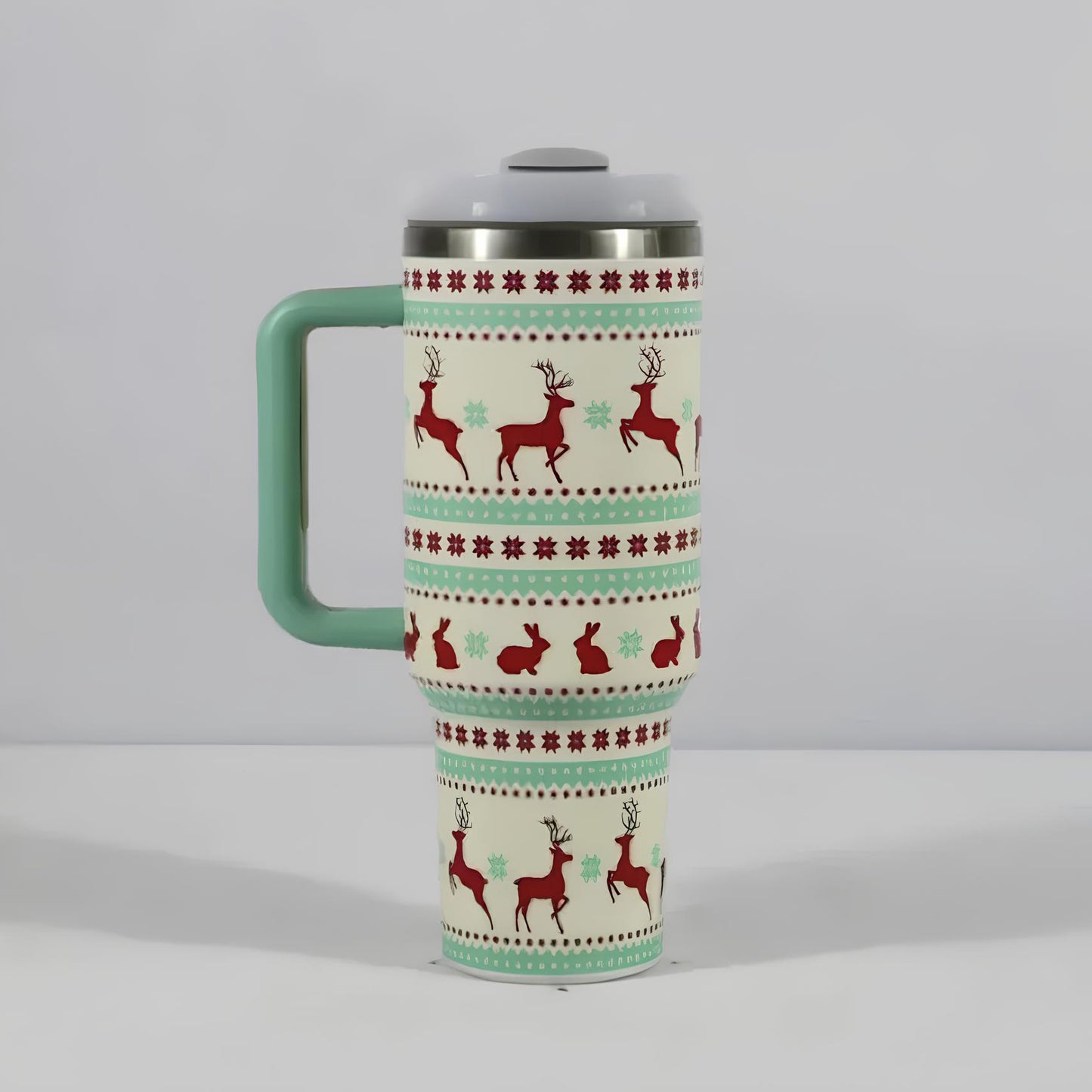 Christmas Stainless Steel Travel Mug with Handle, Lid, and Straw