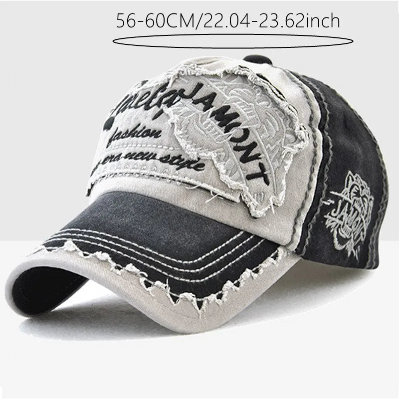 Distressed Washed Cotton Tiger Embroidered Patchwork Baseball Cap