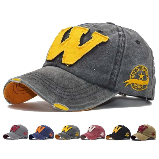 Unisex Distressed Letter "W" Embroidered Baseball Cap – Adjustable Vintage Washed Snapback Hat for Men and Women