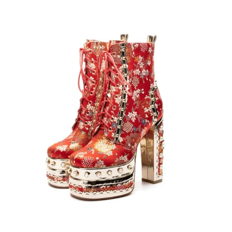 Platform Ankle Boots with Floral Pattern