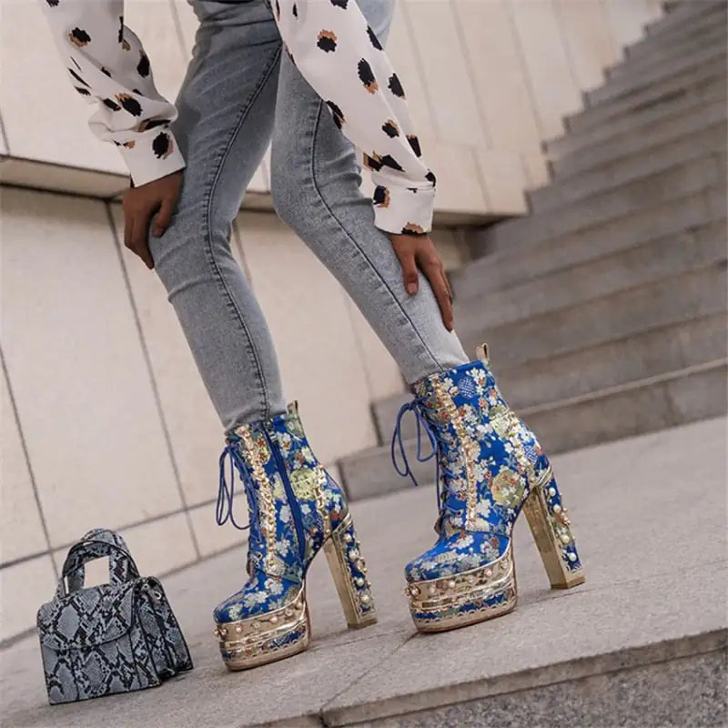 Platform Ankle Boots with Floral Pattern