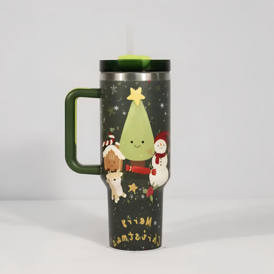 Christmas Stainless Steel Travel Mug with Handle, Lid, and Straw